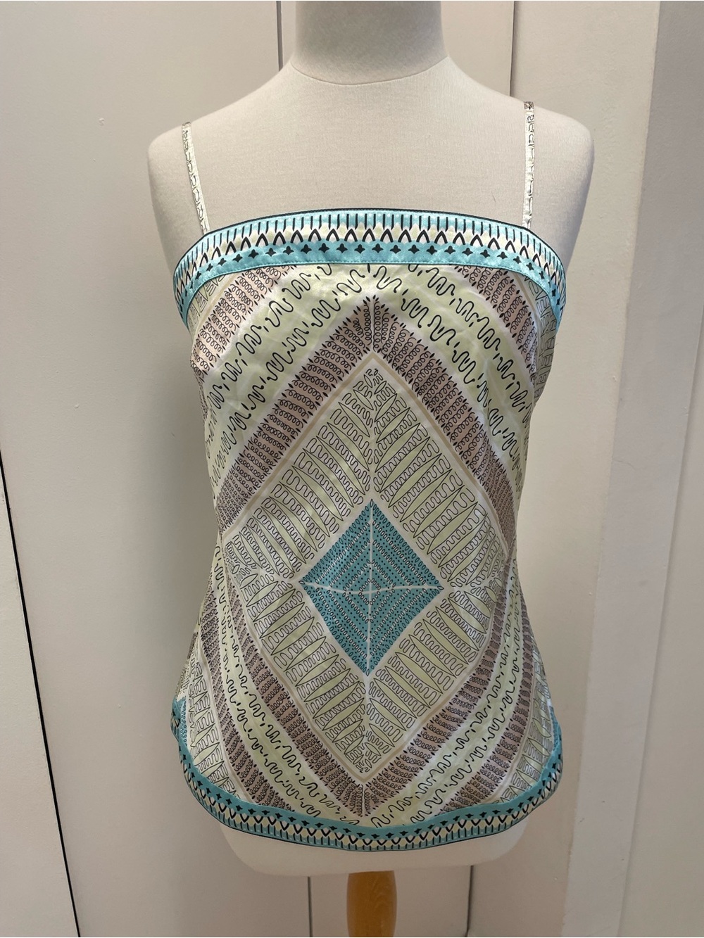 Vintage Y2K Dynamite Aqua and Cream Geometric Silk Cami